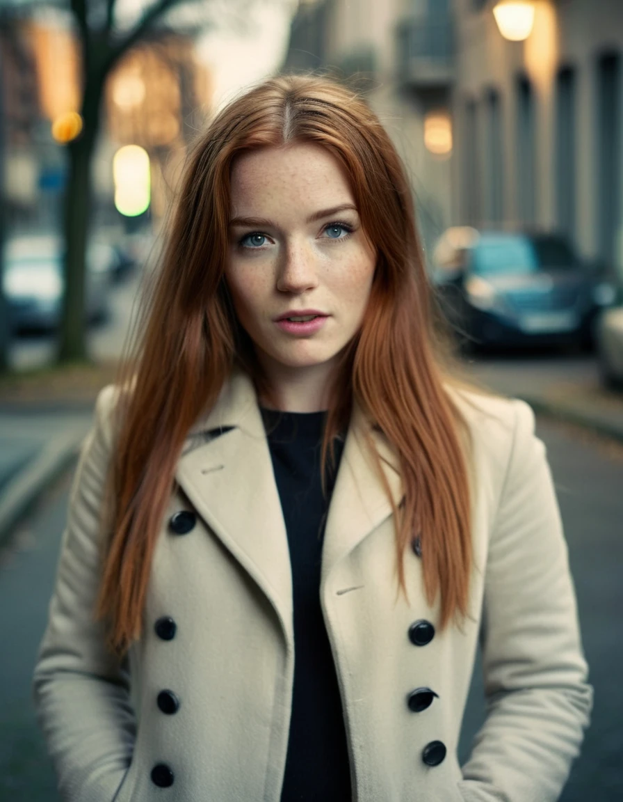 cinematic photo (art by Mathias Goeritz:0.9) , photograph, Lush Girlfriend, Tax collector, Rich ginger hair, Winter, tilt shift, Horror, specular lighting, film grain, Samsung Galaxy, F/5, (cinematic still:1.2), freckles . 35mm photograph, film, bokeh, professional, 4k, highly detailed