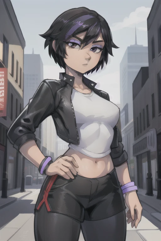 ((Masterpiece)), ((Best Quality)), (Detailed face:1.2), (Detailed eyes:1.2), (Detailed pupils:1.2), Ultra High Resolution, HDR, absurderes, 8K, intricate details, ultra-detailed, dramatic lighting, (solo, 1 girl:1.02), Gogo_Tomago, short hair, black hair, jewelry, jacket, lo purple hair, shorts, bracelet, makeup, casual, cropped jacket, leggings, sleeves pushed up, capri pants, black leggings, cowboy shot, brown eyes, looking at the viewer, medium breasts,outdoors,city,