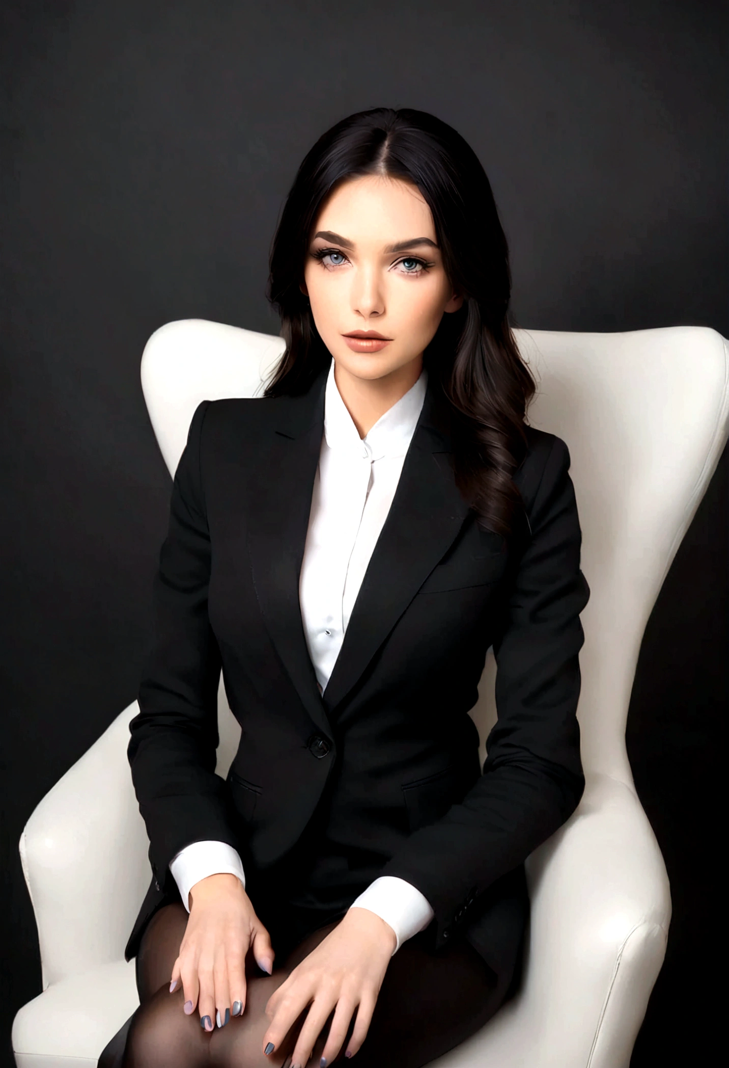 professional photo, young beautiful woman of prayer appearance 30 years old with thick long black hair, in a business black jacket and white shirt, black trousers, black high heel shoes on feet,, sitting on a comfortable leather chair, legs crossed, looks straight into the camera, about to give an interview, professional front light, behind there is a dark space and contour light, located in an elite beauty salon, I&#39;m going to give an interview