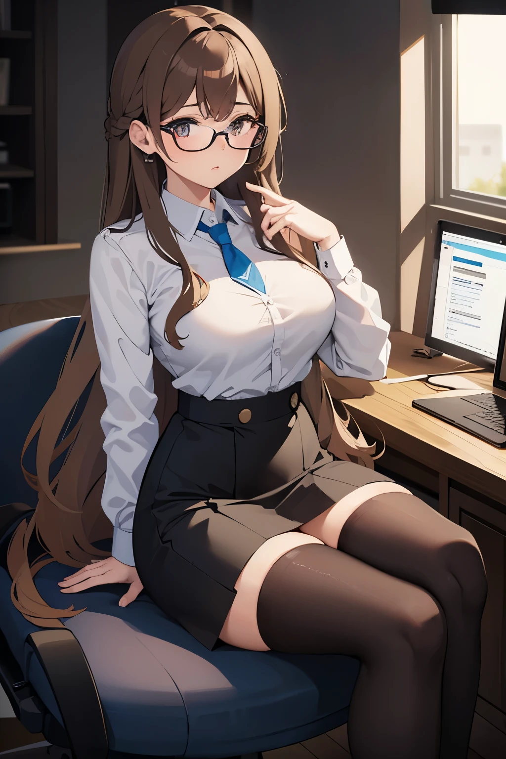 female with long brown curley hair, wearing white office shirt with buttons tight, wearing blue miniskirt, wearing thigh high socks, wearing glasses