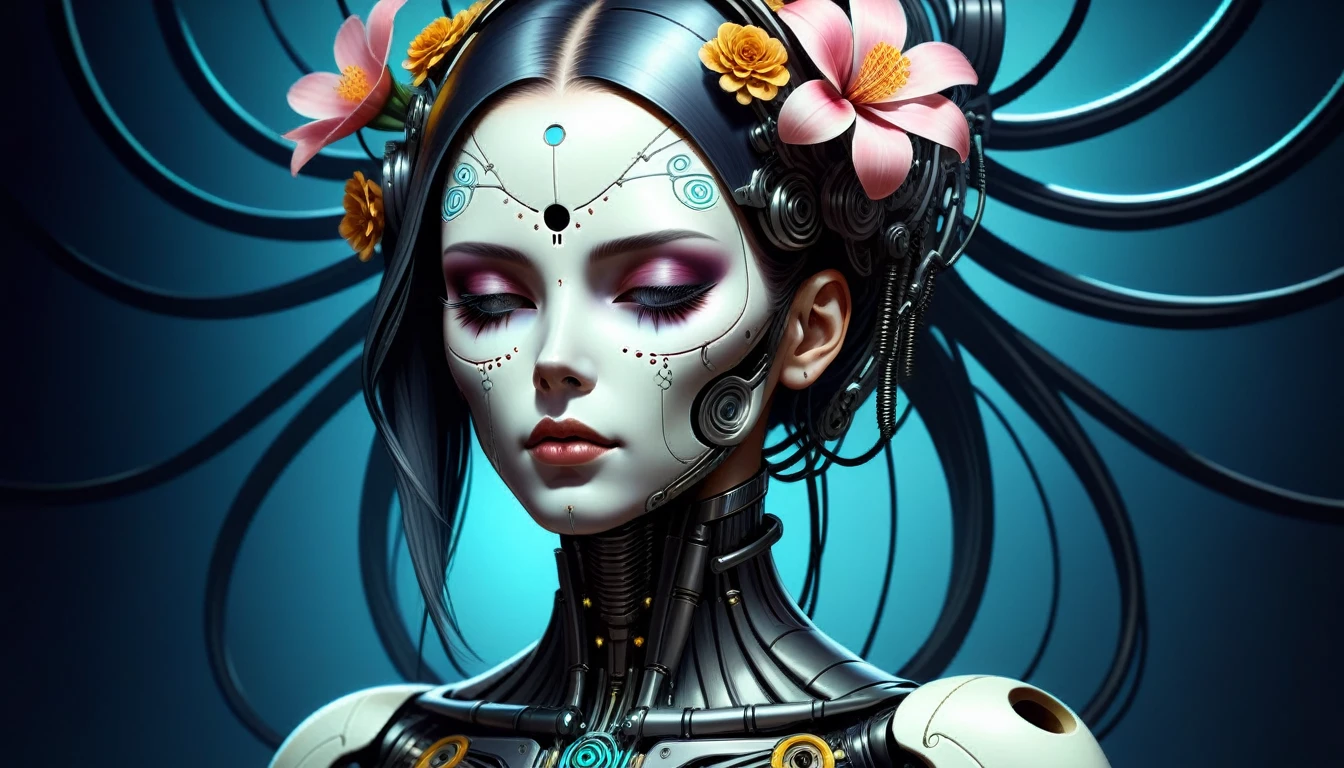 CyberpunkWorld ultra detailed portrait of a female android, eyes closed, 8 k, sci - fi, flowerpunk, fantasy, moody, calm, ( dia de los muertos ), asymmetrical, intricate concept art, art by artgerm and giger and michael welan and alphonse mucha and loish and wlop, cyberpunk, sci-fi, tech, 24mm, (analog, cinematic, film grain:1.3), Bokeh DOF, (Masterpiece:1.3) (best quality:1.2) (high quality:1.1)