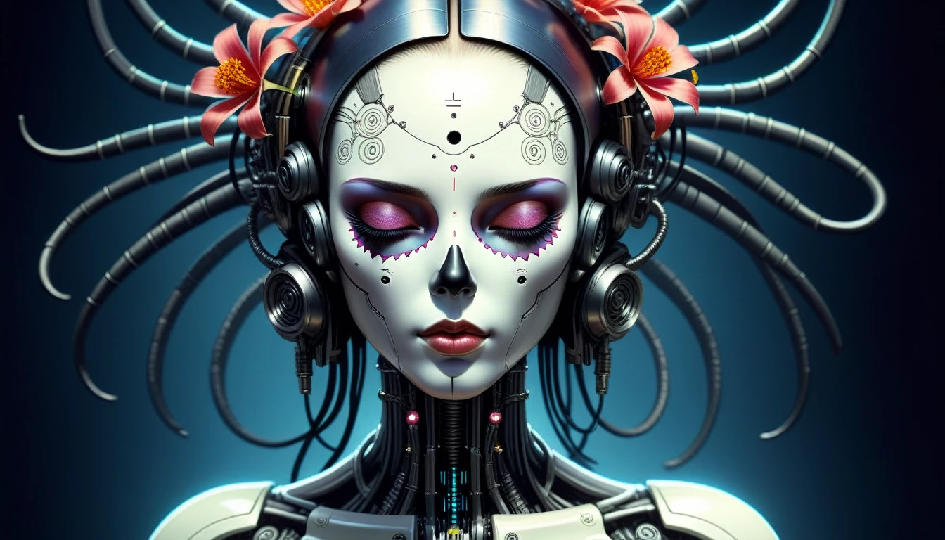 CyberpunkWorld ultra detailed portrait of a female android, eyes closed, 8 k, sci - fi, flowerpunk, fantasy, moody, calm, ( dia de los muertos ), asymmetrical, intricate concept art, art by artgerm and giger and michael welan and alphonse mucha and loish and wlop, cyberpunk, sci-fi, tech, 24mm, (analog, cinematic, film grain:1.3), Bokeh DOF, (Masterpiece:1.3) (best quality:1.2) (high quality:1.1)