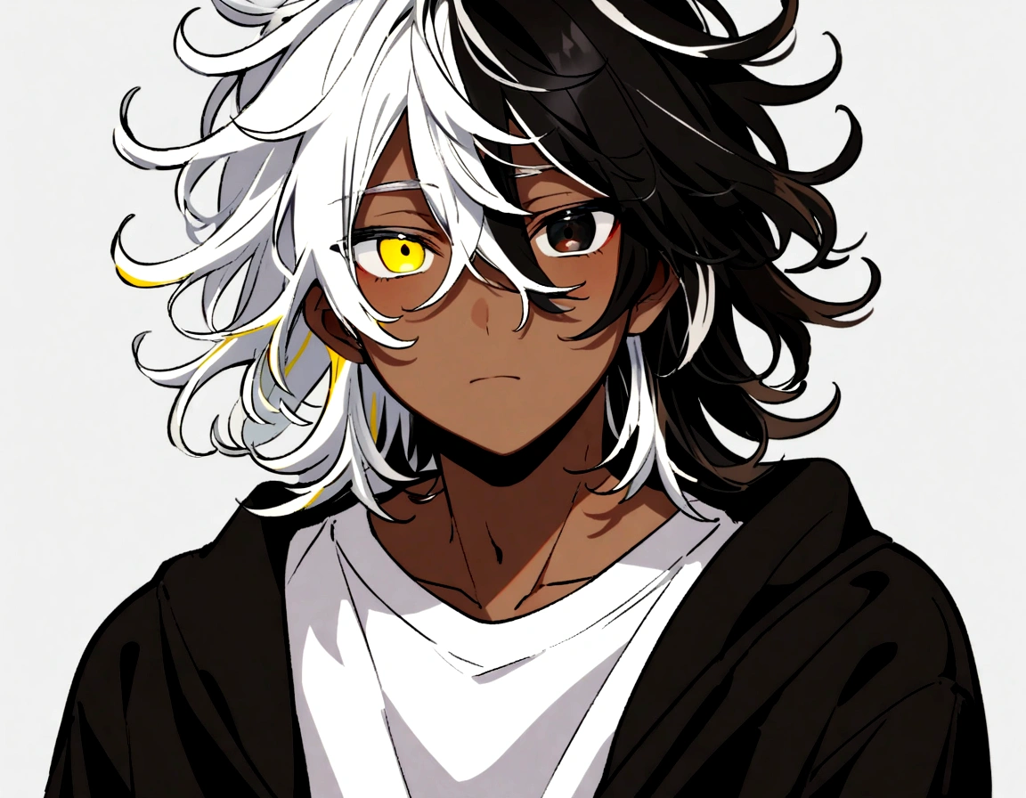 white shirt, wearing a black sweatshirt with silver details , yellow and black eyes heterochromia, expression of calm, Messy hair , Medium length hair , 1 men , multicolored black and white hair ( focus on hair containing both colors) , two tone hair , dark skin color icon format