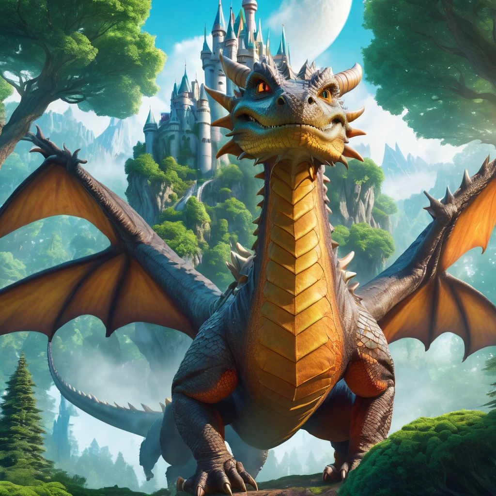 A dragon astronaut flyng in the middle of magic forest, giant castles in background, giant trees, fantasy, 4k, ultra realistic 