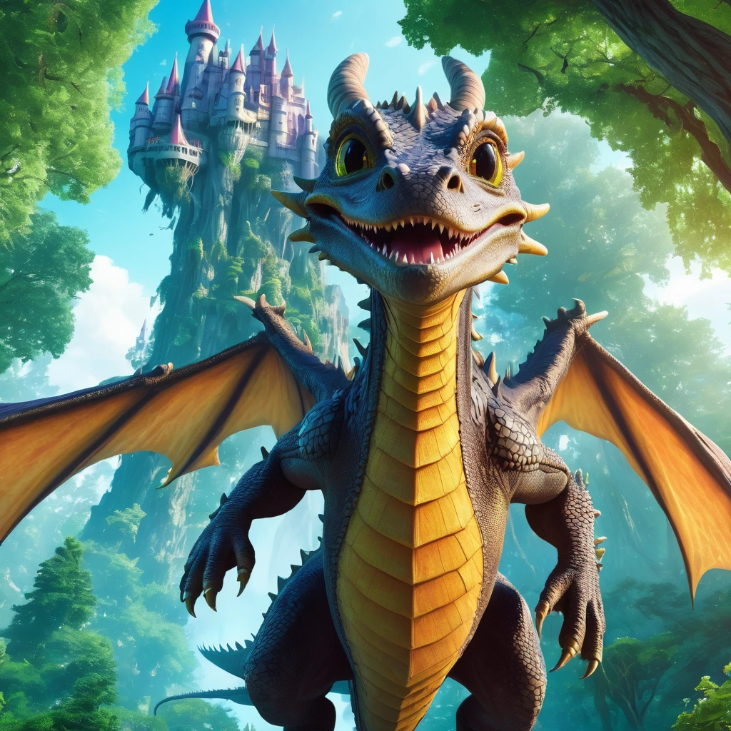 A dragon astronaut flyng in the middle of magic forest, giant castles in background, giant trees, fantasy, 4k, ultra realistic