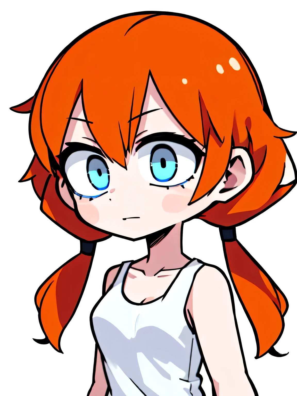 1girl,solo,upper body,low twintails,orange curly hair,(((blue eyes))),white tanktop,white background