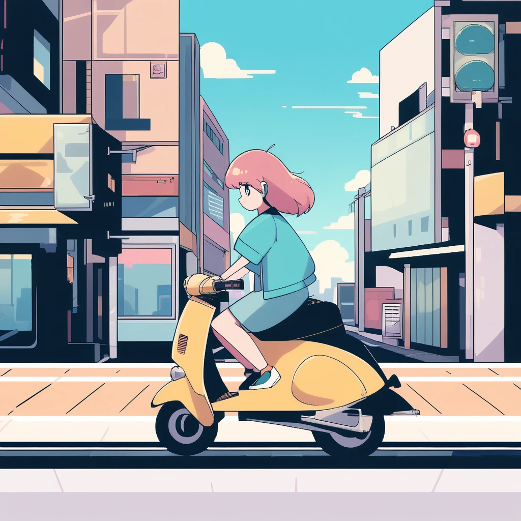 girl riding a scooter running through the city, Lo-fi art style, anime aesthetic, feeling relaxed, Lo-Fi illustration style