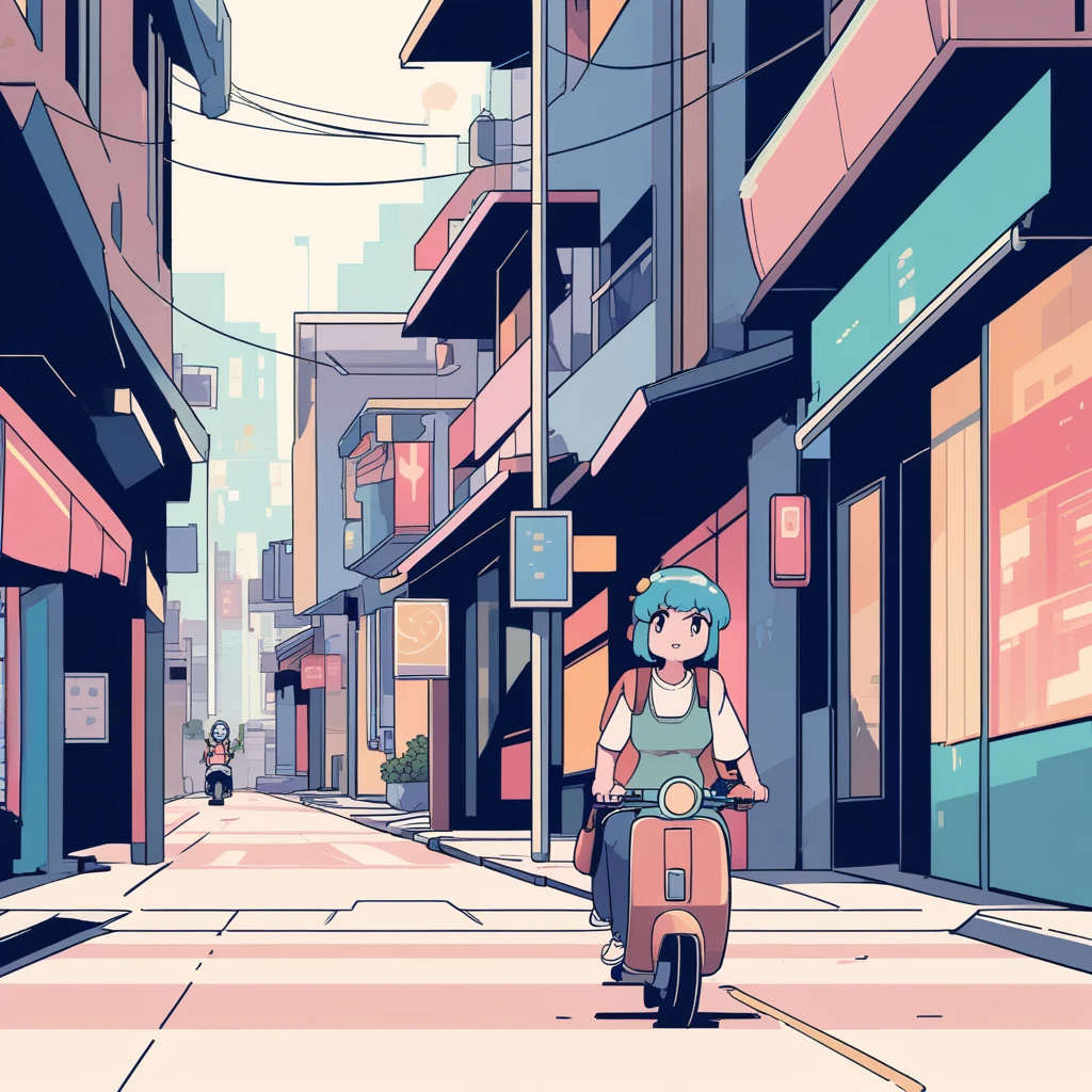 girl riding a scooter running through the city, Lo-fi art style, anime aesthetic, feeling relaxed, Lo-Fi illustration style
