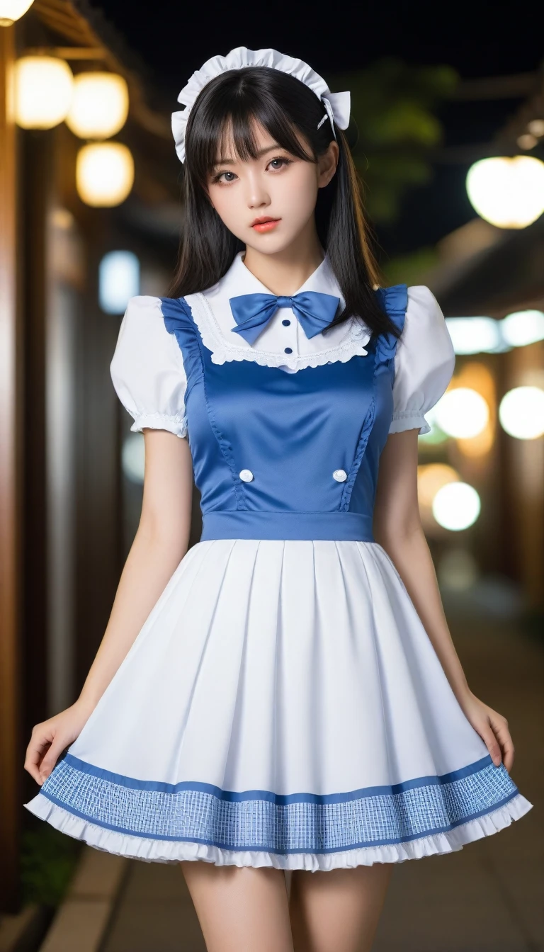 8K, Ultra-high resolution, Highest quality, masterpiece, 三分割法によるphotograph,Surreal, photograph, 1 Girl, (:1.3), pretty girl, Cute face, Beautiful eyes in every detail, 細かくdetailedに,masterpiece,One Girl:1.2, Japan Female Announcer, whole body,glaring,Black Hair,Bob with bangs,A city near the future,cyber punk,(Highest quality, 8K, masterpiece, Best image quality, Ultra HD, Delicate and smooth skin, Realistic Skin, Perfect and beautiful face ,完璧でCute face, Skin with attention to detail, Perfect limbs、Narrow waist、Thin legs)、Browsing Caution、Sulky face、(A fusion of Lolita fashind maid outfits),Beautiful leg line beauty,Looking at the audience、beauty,Long neck、(((Ideal body type))),A cup small breasts :2,、Portraiture:2、Perfect Anatomy、鮮明なdetailed、detailed、Surreal、Light and shadow,Strong light