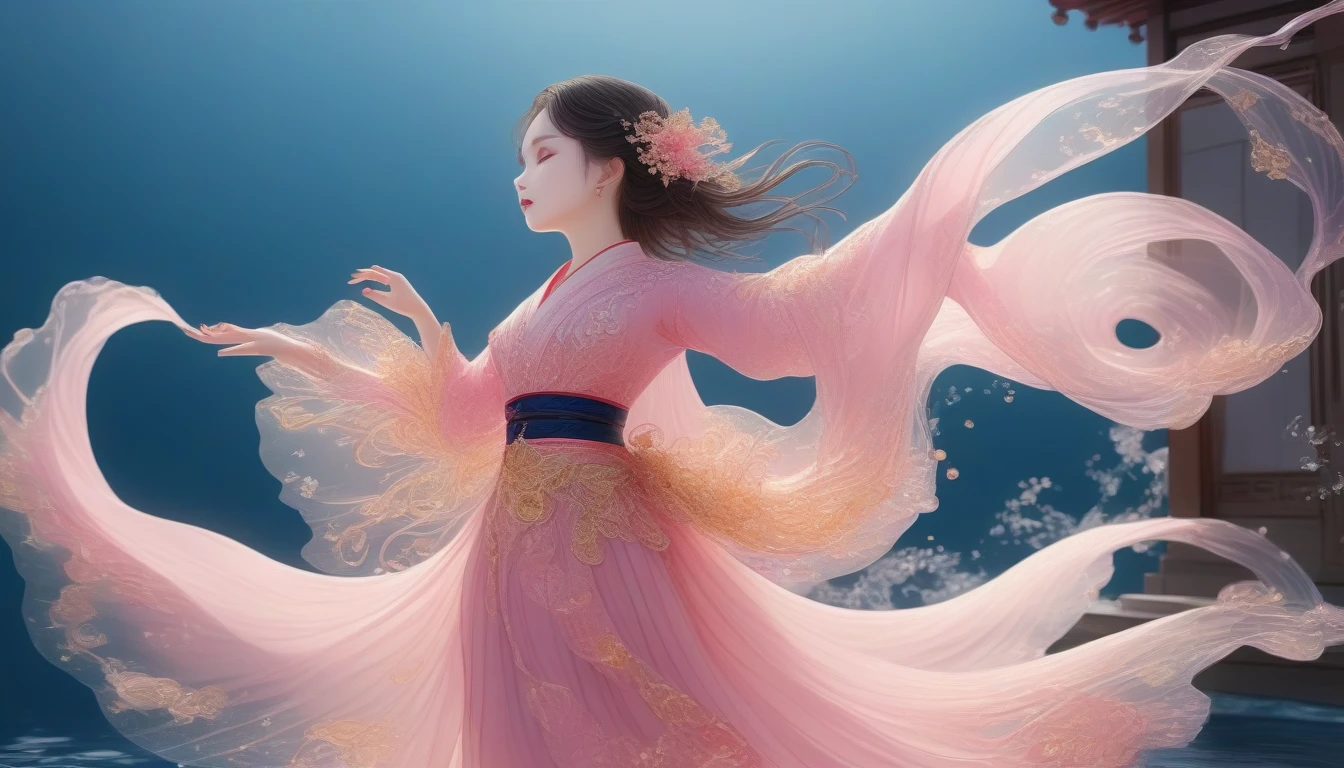 1 Girl, Solitary, Under the Deep Sea, underwater dance；Beautiful Inner Glow；Wearing pink Hanfu，Fairy the same，underwater dance；dancer；Golden water，金色的bubble； Deep Shadows, Extraordinary details, bubble, spark, Sun streaks, seabed, dark, whole body, swirl, Golden Light, Embed:Average runoff, masterpiece, high quality, 4K