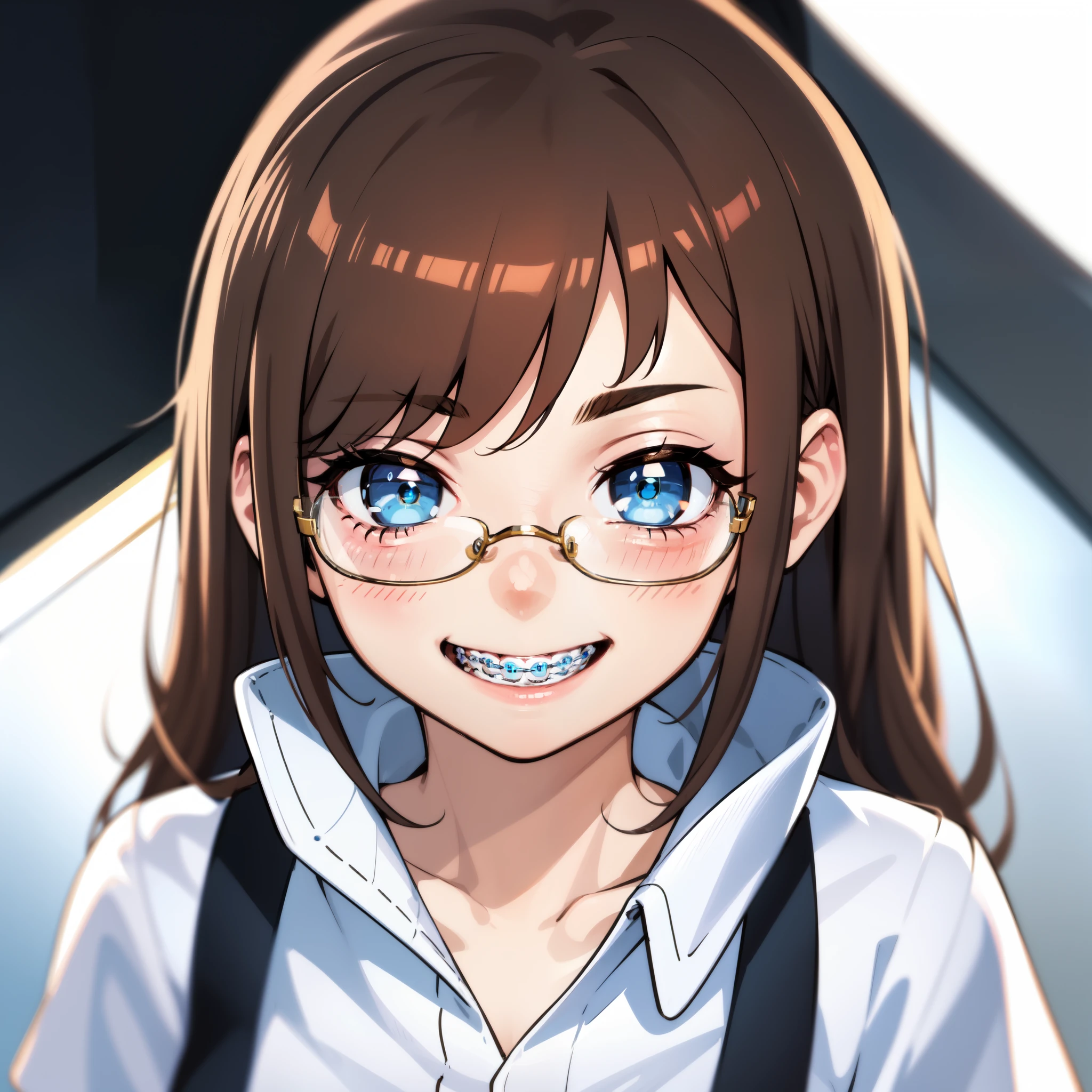 1girl, seductive eyes, braces, glasses, smiling, cute, face focus, blue eyes, blush, brown hair, best quality, masterpiece, highres