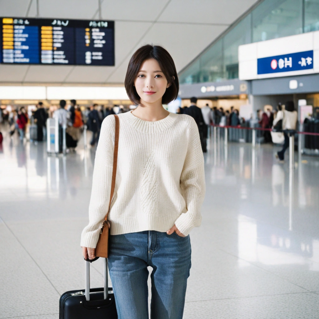 beautiful korean girl , 32 inch chest size, Your eyes are big and pretty. Short in stature. Standing in the departure hall of the airport. . short medium hair,Standing in line at the departure hall of Haneda Airport in Japan. She wore a luxury brand jumper over a white knit and jeans. Dragging a suitcase. short medium hair, short height, Full body shot with Canon camera 16-35 wide angle lens, short medium hair. uhd