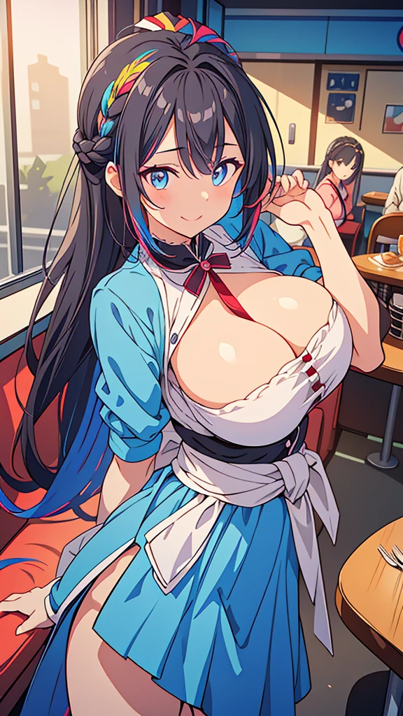 best quality, extremely detailed, anime style girl, long hair down to the waist, straight hair, dark black hair with bluish,crown braid,braid ponytail,beautiful detailed eyes, pinched eyes, dark blue eyes, gradation eyes,huge breasts,((((colorful Diner Clothing)))),café,dynamic pose,smile