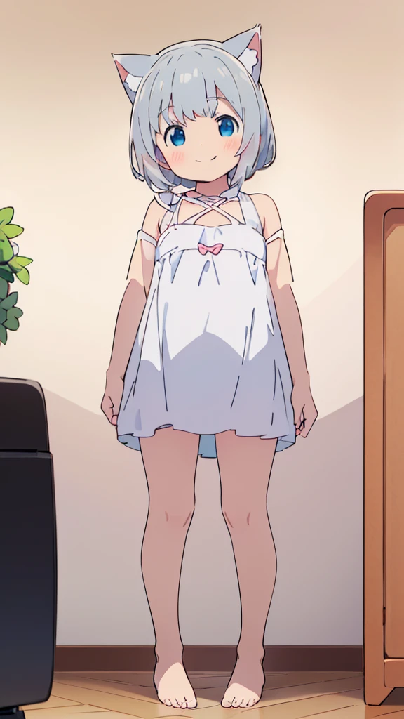 ((masterpiece))((Highest quality))Cat ear、girl、smile、blush、Flat Chest、Are thin、、low length、Gray Hair、Embarrassed、Are standing、Whole body image、Even your toes are visible、Eye level on face、front、No background、mayonnaise、真frontのアングル