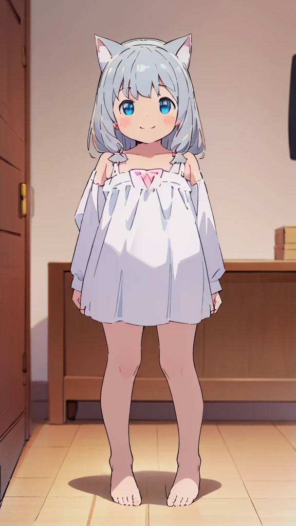((masterpiece))((Highest quality))Cat ear、girl、smile、blush、Flat Chest、Are thin、、low length、Gray Hair、Embarrassed、Are standing、Whole body image、Even your toes are visible、Eye level on face、front、No background、mayonnaise、真frontのアングル