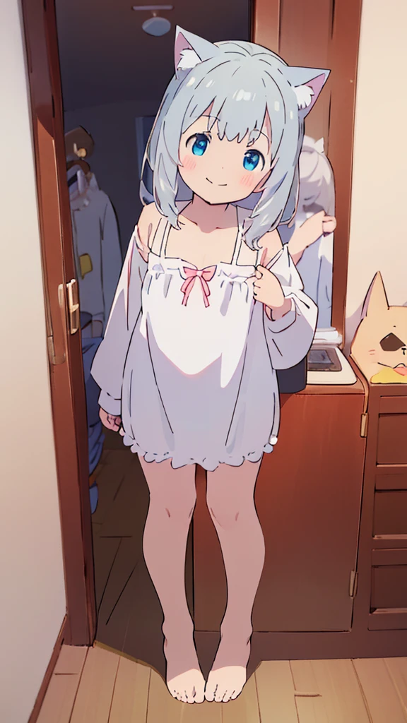 ((masterpiece))((Highest quality))Cat ear、girl、smile、blush、Flat Chest、Are thin、、low length、Gray Hair、Embarrassed、Are standing、Whole body image、Even your toes are visible、Eye level on face、front、No background、mayonnaise、真frontのアングル