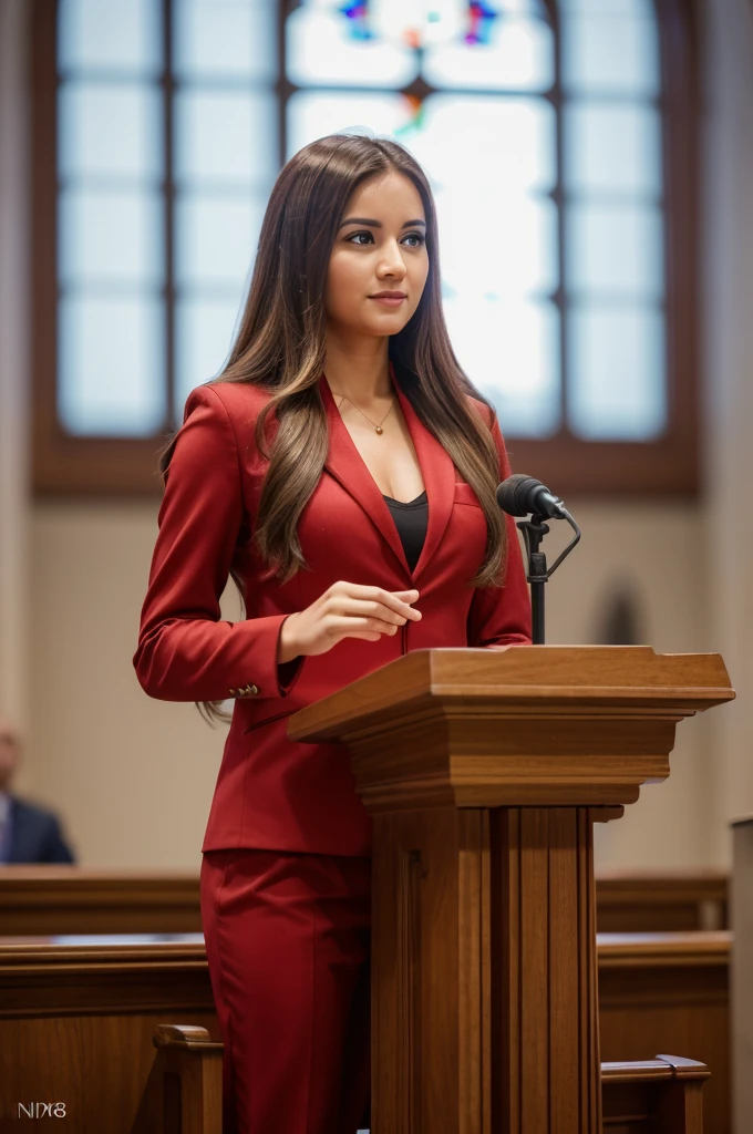 ((woman)), (30 year old), (long hair), (wearing reddish suit), (speech at a lectern), (bible on the pulpit), (modern protestant church background), (natural light), (photo realism), (hyper detailed), diffuse lighting, (showing complete subject), ((full body shot)), (((front view))), (Nikon D850 DSLR), ((long shot at 200mm f/1. 8 lens)), (Slightly blurred background with bokeh effect),