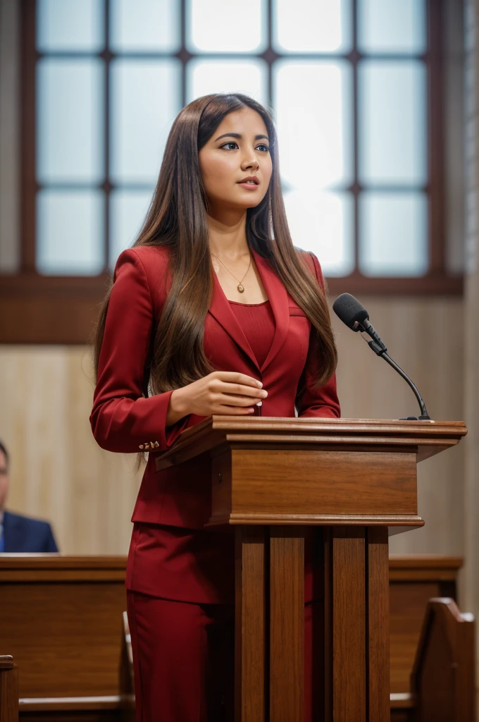 ((woman)), (30 year old), (long hair), (wearing reddish suit), (speech at a lectern), (bible on the pulpit), (modern protestant church background), (natural light), (photo realism), (hyper detailed), diffuse lighting,  (showing complete subject), ((full body shot)), (((front view))), (Nikon D850 DSLR), ((long shot at 200mm f/1. 8 lens)), (Slightly blurred background with bokeh effect),
