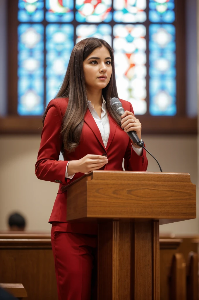 ((woman)), (30 year old), (long hair), (wearing reddish suit), (speech at a lectern), (bible on the pulpit), (modern protestant church background), (natural light), (photo realism), (hyper detailed), diffuse lighting,  (showing complete subject), ((full body shot)), (((front view))), (Nikon D850 DSLR), ((long shot at 200mm f/1. 8 lens)), (Slightly blurred background with bokeh effect),