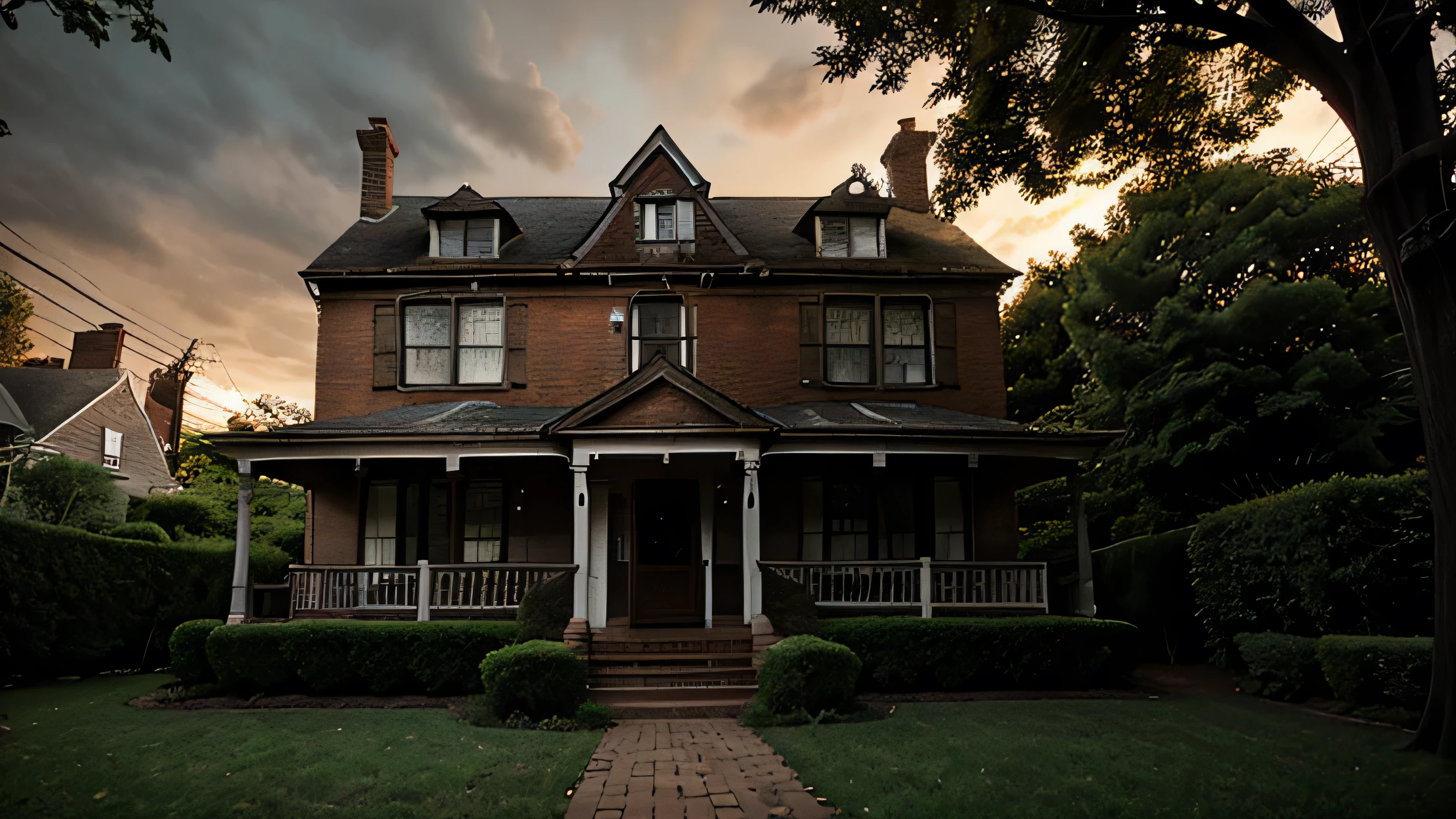 An old, large house in Amityville, built of red brick, surrounded by an overgrown garden. The atmosphere is gloomy with a setting sun, adding a creepy ambiance.