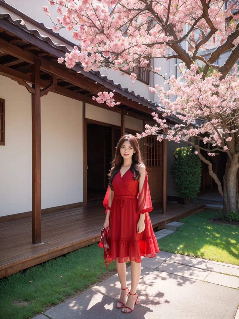best quality,HDR,UHD,8K,Vivid Colors,solo,front view,(photo_(medium)),(looking at viewer:1.2),(1girl:1.3),(outside:1.5),(standing:1.5),furniture,bright light,Sakura,red dress,