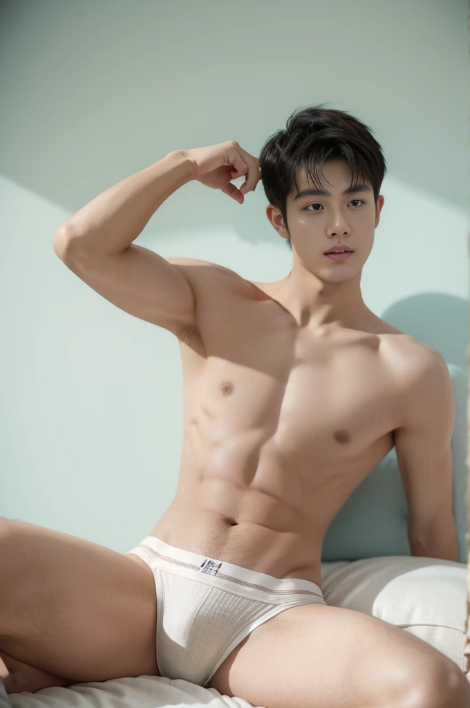 Asian muscular boy sleep on bedroom, bedroom, topview, sexy, Dark eyebrows, white shirt, show abs, wearing white thong high cut underwaer, white high cut Jockstrap, muscular young male, mid shot portrait, high quality portrait, Attractive pose, cute young man, gorgeous young model, portrait a 25 - year - old boy, casual photography, Realistic. Cheng Yi, cute young man, ((wearing micro string thong))