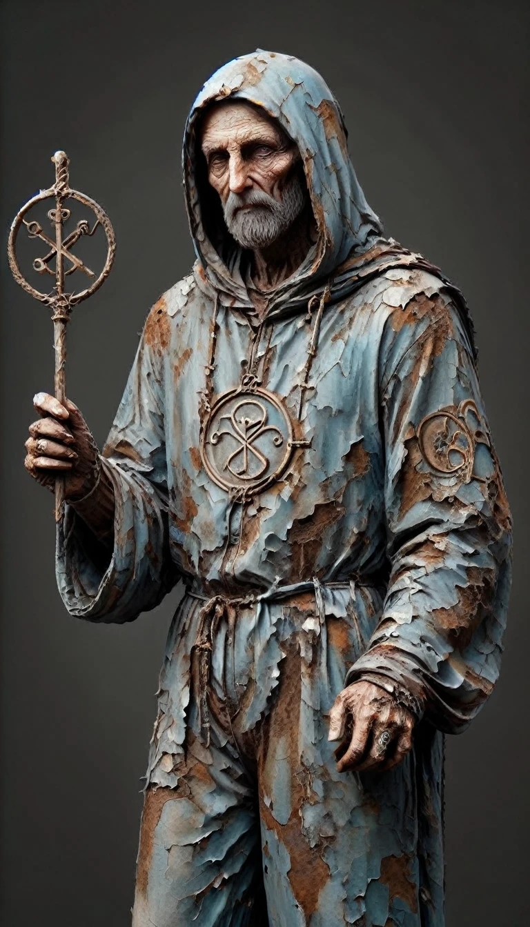 Hernes trismegistus wearing an extremely charming jumpsuit and holding a staff with a mysterious symbol