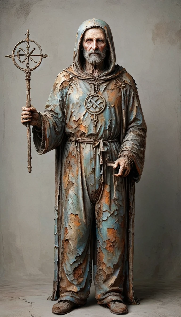 Hernes trismegistus wearing an extremely charming jumpsuit and holding a staff with a mysterious symbol