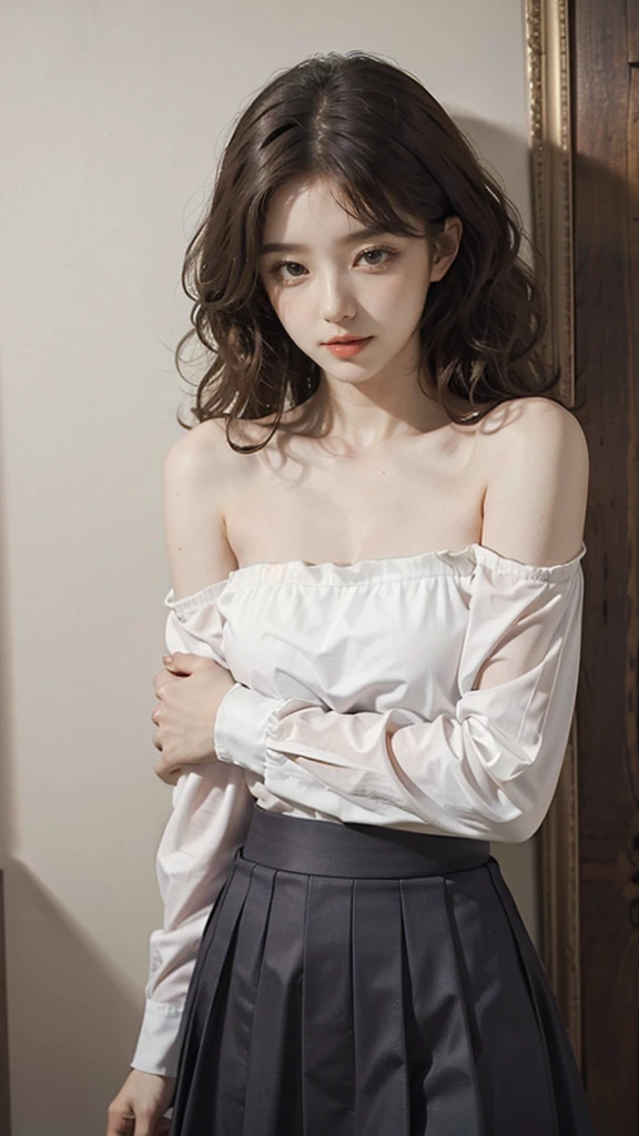 detailed background, masterpiece, best quality, 1 person , curly hair, long hair, purple eyes, star in eye , Strapless blouse, long skirt
