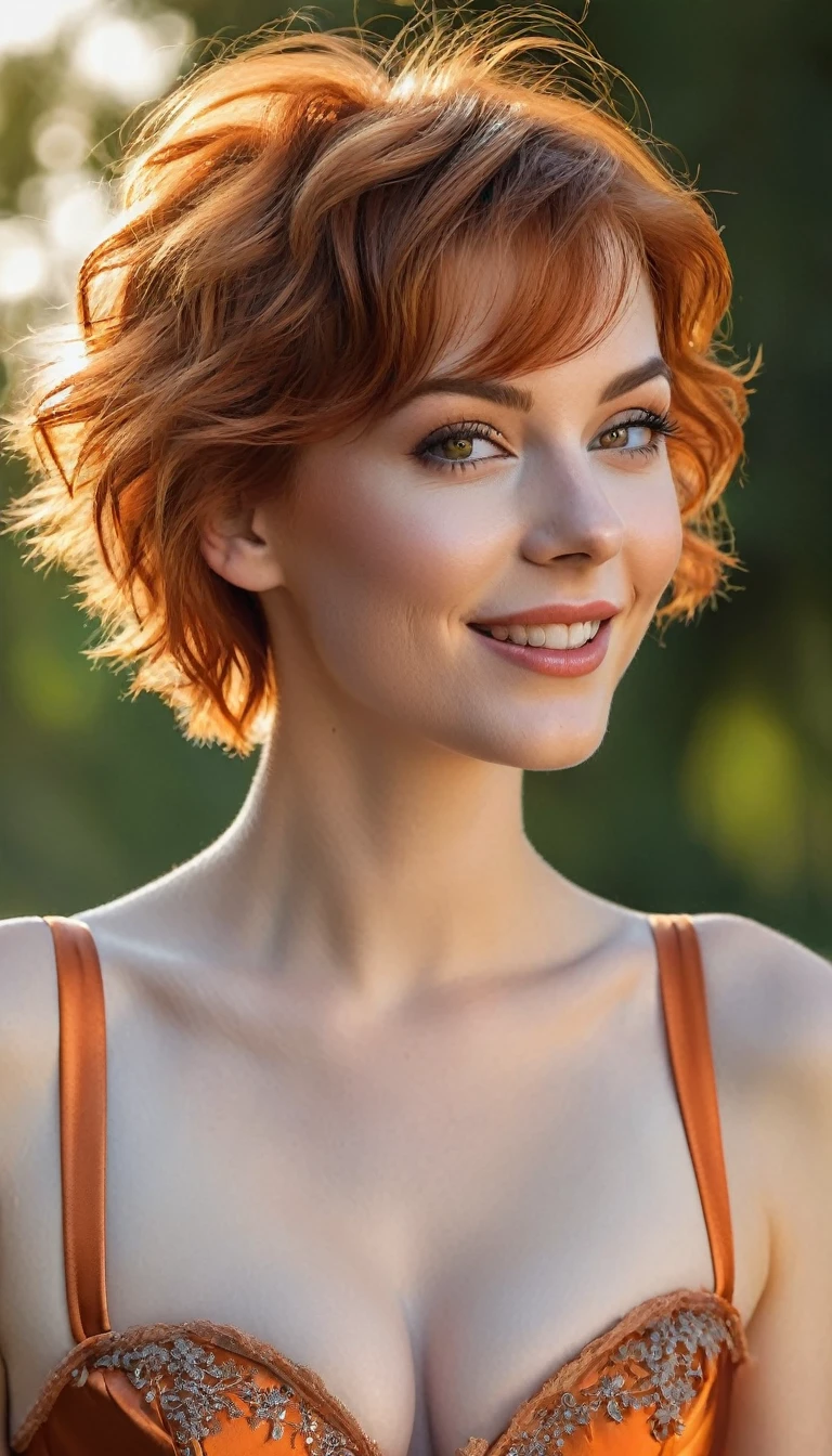 ultrarealistic high quality upperbody photo of 2 beautiful slim european 25-year-old women with cute hyperdetailed shy happy face and natural redhead short messy hair and long legs, realistic round hazel eyes, natural lips, decent makeup with eyeliner, wearing shiny metallic orange satin corsets, hourglass body, outdoor shooting