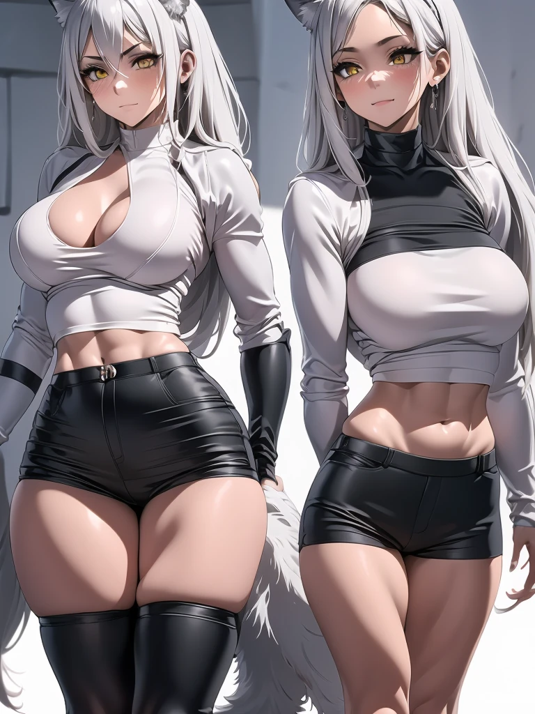 Masterpiece, full body portrait, slit pupils, only one girl, frontal angle, looking at viewer, ultra-detailed face, really talll girl, elegant and correct body proportions, perfect figure, fit body type, silver hair, symetric face, tall beautiful werewolf woman, black crop jacket, long biker shorts with chain decorations, white pale skin, smooth skin, especially detailed face, masterpiece, ultra detailed, best quality, highlydetailed face, ultra-detailed face, athletic body, pale white skin, big breasts, long hair, gray-silver hair, a young woman, wolf ears, long wolf tail, fluffy wolf tail, bright amber eyes, wolf-like irises, beautiful, enchanting, bright yellow eyes, detailed eyes, ultra-detailed eyes, accurate eyes, detailed irises, correct body proportions, elegant, small vertical scar under right eye, small rosy lips, closed mouth, cute canines, wolf fangs, pretty hands, detailed hands, slight blush, shy smile, black metal armor, black top, long black bike shorts, detached sleeves, two piece armor, metal chest armor, long black shorts with chains, armored bike long shorts, silver armored jacket, silver metallic ornaments, toned abs, exposed belly, standing straight pose, angry blushed expression, long biker boots, hands on hips pose, straight standing pose