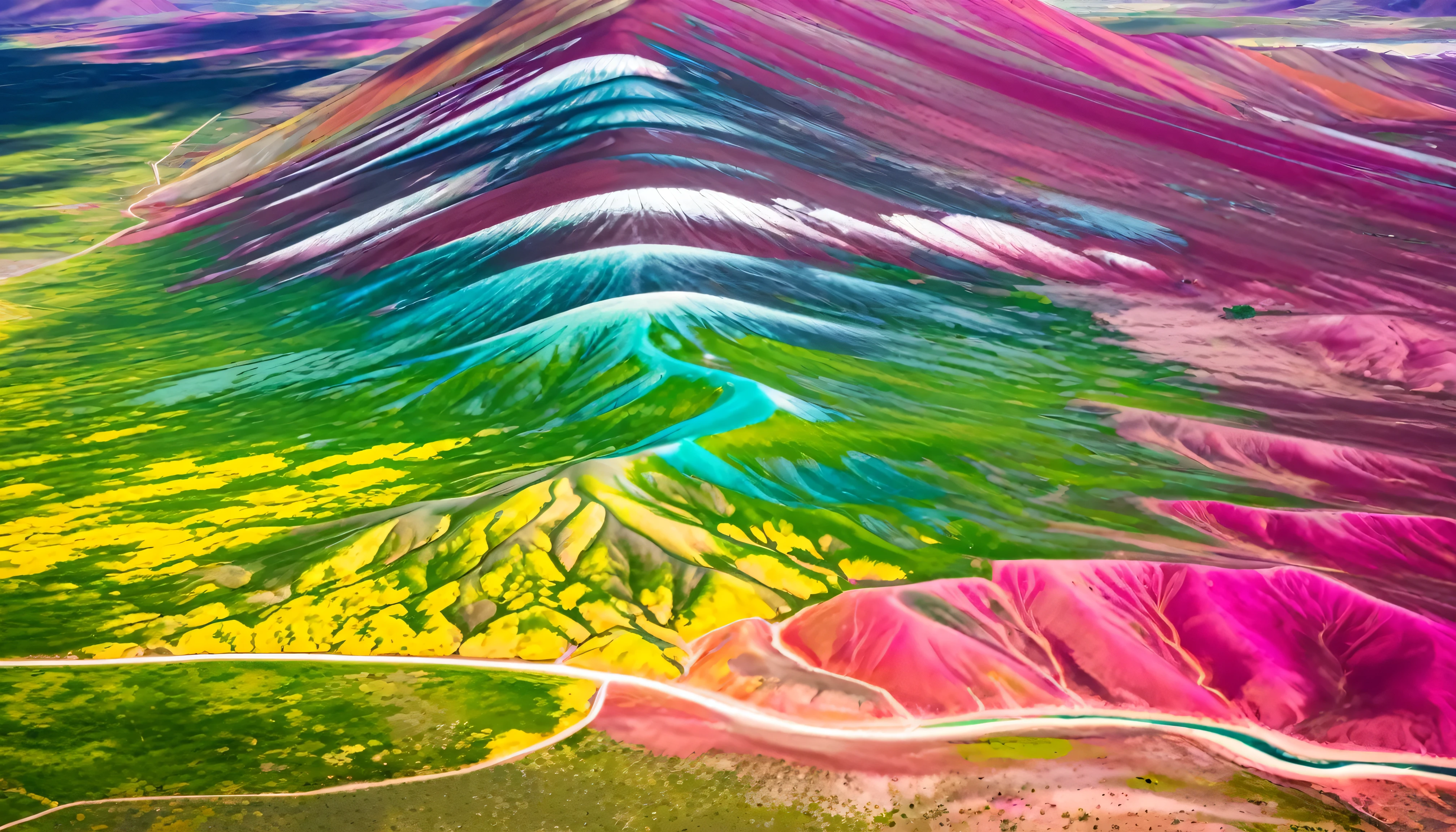 aerial view of a colored beachaerial view of colorful one vinicunca mountain, multi color, green, yellow, pink