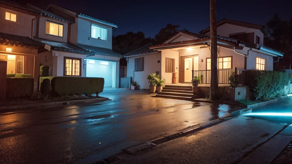 in front of a house at night, no humans, no persons