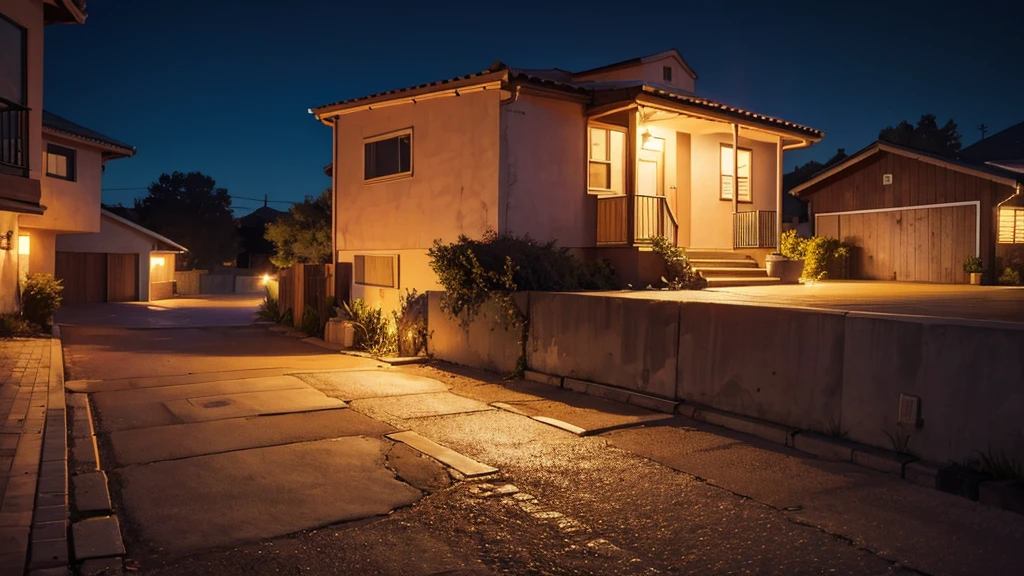 in front of a house at night, no humans, no persons