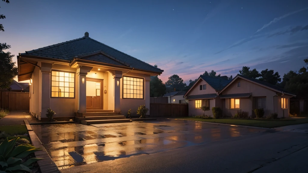 in front of a house at night, no humans, no persons