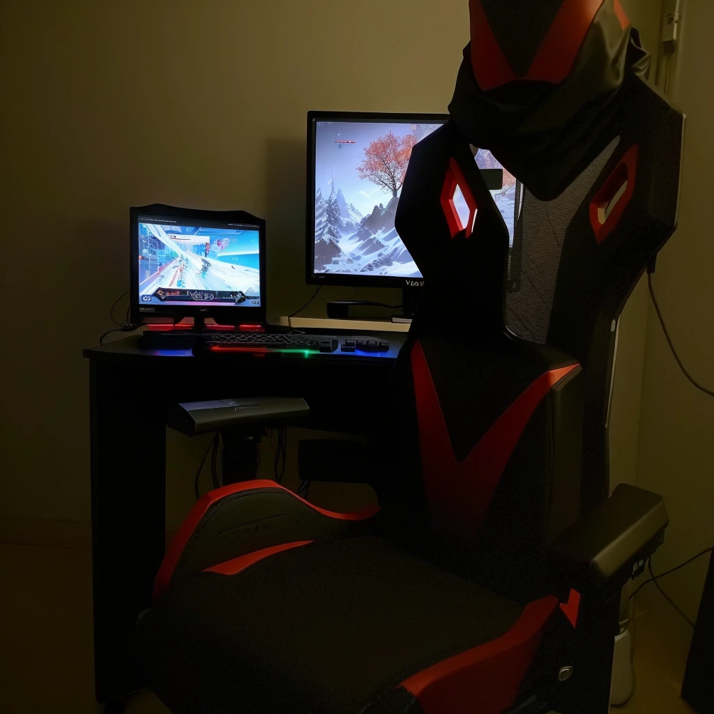 There is a computer desk with a computer and a chair, gaming chair as a toilet, gaming room, gaming chair, dark setting, player screen on metal table, omen of valorant, gamer theme, console and computer, sitting in front of the computer, gaming, computer configuration, pc gaming, gaming computers, led gaming, cinematic bust shot