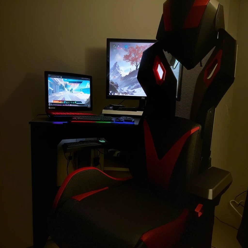 There is a computer desk with a computer and a chair, gaming chair as a toilet, gaming room, gaming chair, dark setting, player screen on metal table, omen of valorant, gamer theme, console and computer, sitting in front of the computer, gaming, computer configuration, pc gaming, gaming computers, led gaming, cinematic bust shot