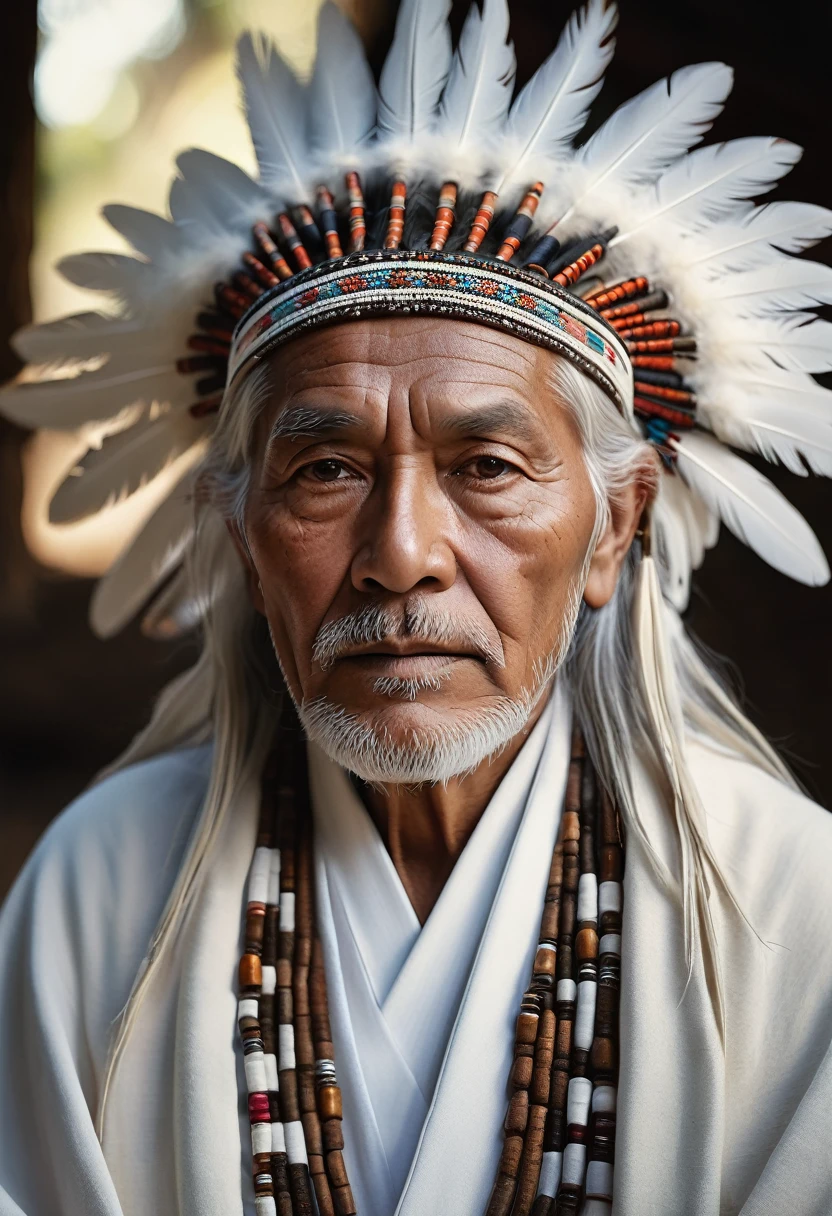 (PICTURE REALISTIC) of an elderly man with indigenous appearance, featuring long flowing white hair and wearing simple white robes that drape naturally, portraying deep wisdom and spiritual peace. His weathered face carries a serene and contemplative expression, with deep-set eyes that reflect profound insight. The scene captures him in a candid moment, trunk, under soft, natural lighting, from top to bottom, filmed on an Agfa Vista, flash photography, taken with an old Polaroid camera. The image is in 8K, ensuring the best quality and ultra high resolution to capture every detail.
The skin texture is extremely realistic (真实感: 1.4), with subtle nuances and film grain (Film grain: 1.3) to add an analogue and authentic feel. Side lighting and cinematic lighting highlight his imposing presence and the aura of wisdom that surrounds him. He is adorned with a majestic headdress of white feathers, symbolizing their spiritual connection and leadership in indigenous culture. Ao redor dele, an aura of soft light creates an atmosphere of serenity and respect, strengthening your spiritual presence.