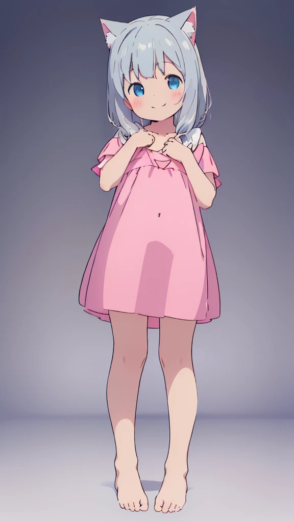 ((masterpiece))((Highest quality))Cat ear、girl、smile、blush、Flat Chest、Are thin、、low length、Gray Hair、Embarrassed、Are standing、Whole body image、Even your toes are visible、Eye level on face、front、No background、Cat Pose、真frontのアングル