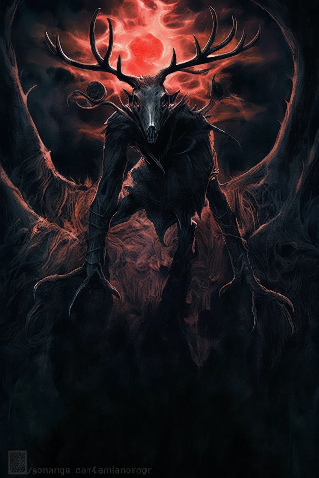a close-up of a deer with antlers on a dark background, dark fantasy art, dark fantasy horror art, no estilo da dark fantasy art, just art for dark metal music, horror fantasy art, Detailed 4K horror art, fantasy horror art, stylish horror art, dark souls art, demogorgon, Dark Fantasy Illustration, dark souls art style