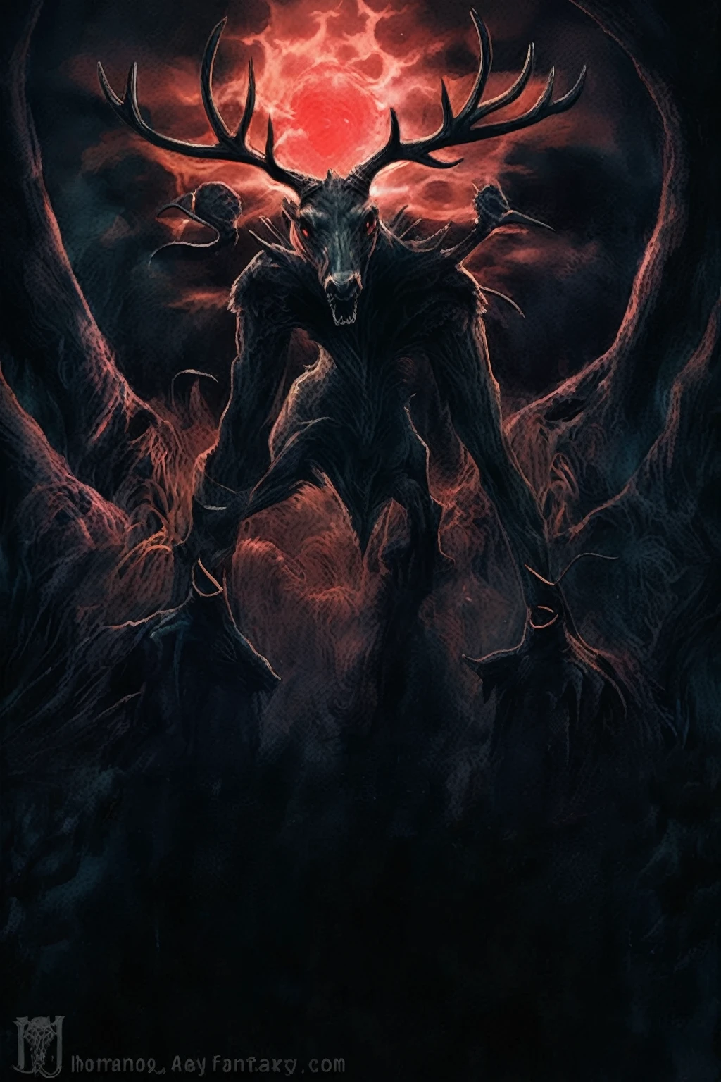 a close-up of a deer with antlers on a dark background, dark fantasy art, dark fantasy horror art, no estilo da dark fantasy art, just art for dark metal music, horror fantasy art, Detailed 4K horror art, fantasy horror art, stylish horror art, dark souls art, demogorgon, Dark Fantasy Illustration, dark souls art style