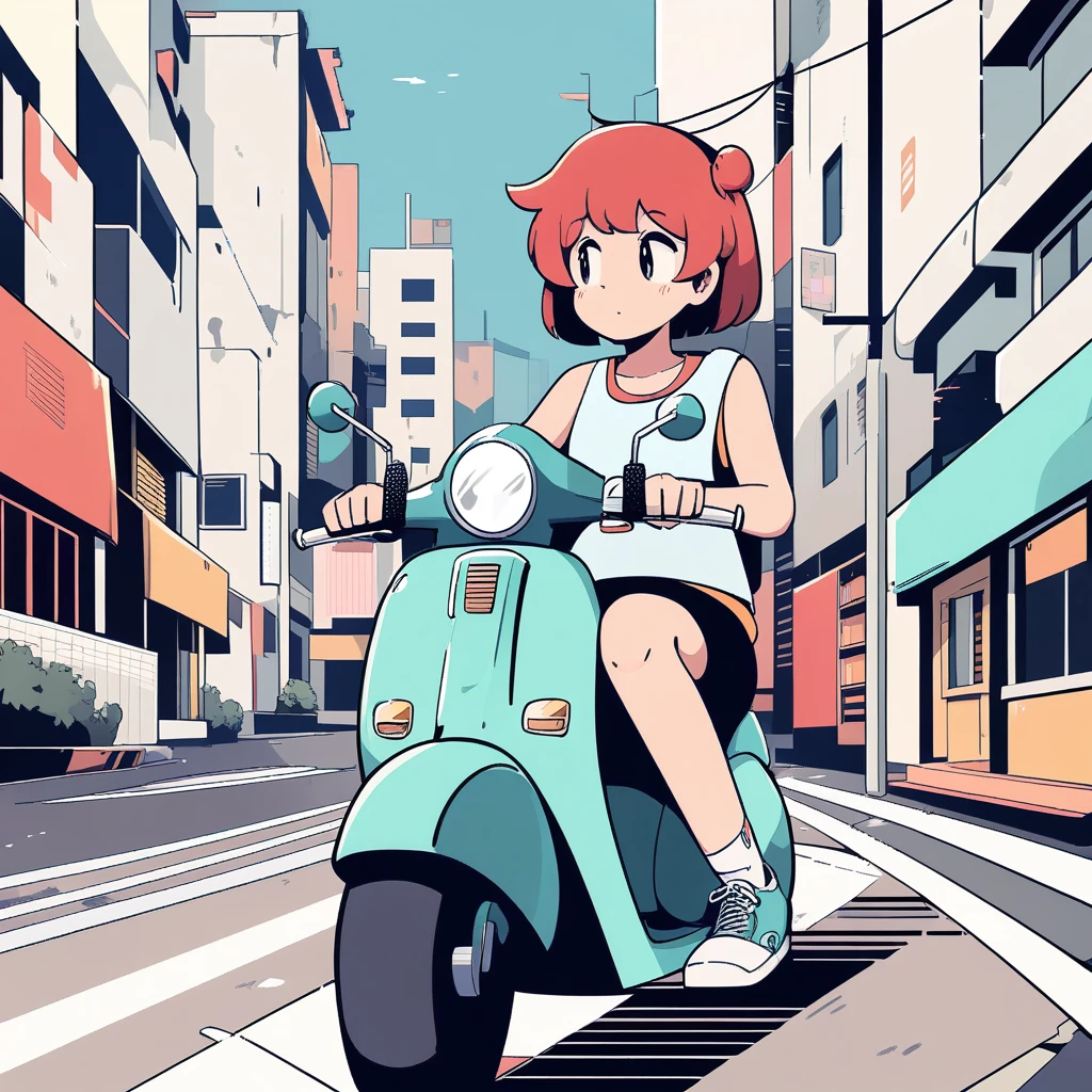 girl riding a scooter, Lo-fi art style, city
