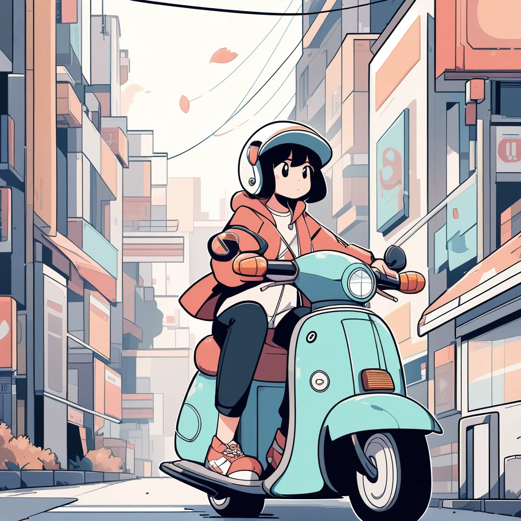 girl riding a scooter, Lo-fi art style, city