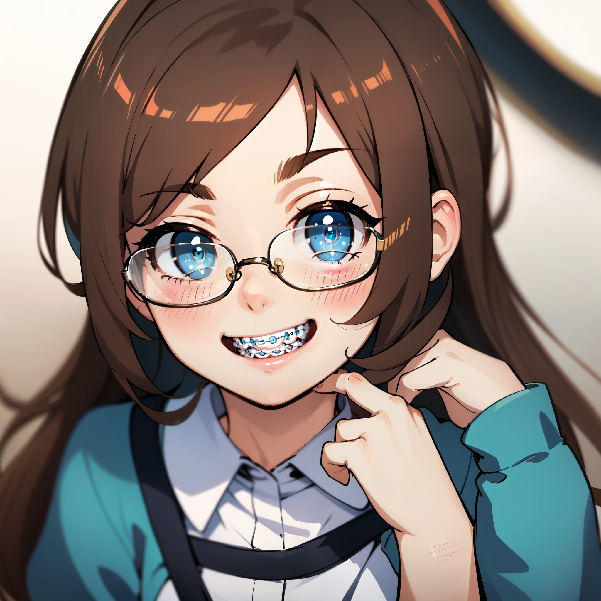 1girl, seductive eyes, braces, glasses, smiling, cute, face focus, blue eyes, blush, brown hair, best quality, masterpiece, highres