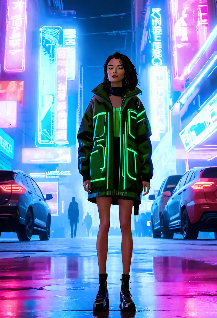 (masterpiece, 8K, UHD, high resolution: 1.4), (character wearing futuristic and technological clothing: 1.3), (cybernetic implants and a stylized look in neon tones: 1.3), (urban street full of neon signs and holograms: 1.3), (pose confident and vigilant: 1.2), (detailed and intricate cybernetic enhancements: 1.2), (background with vibrant and dynamic cityscape: 1.2), (glowing neon accents in blue, pink, and green: 1.2), (atmosphere of high-tech urban life: 1.3), (elements of sci-fi and cyberpunk: 1.2), (dynamic and immersive perspective: 1.3), (reflections of neon lights on wet pavement: 1.2), (detailed and intricate design: 1.3)