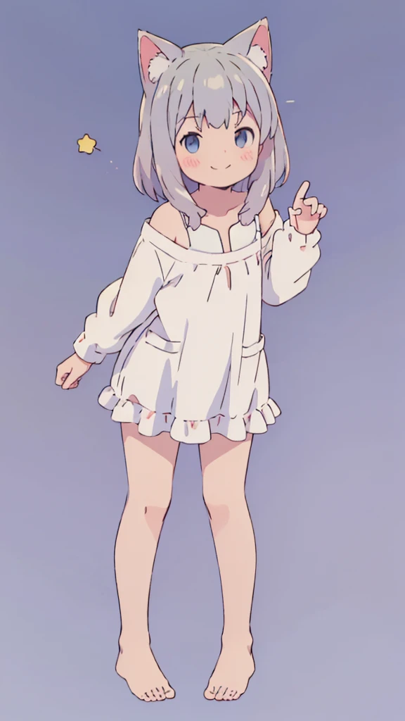 ((masterpiece))((Highest quality))Cat ear、girl、smile、blush、Flat Chest、Are thin、、low length、Gray Hair、Embarrassed、Are standing、Whole body image、Even your toes are visible、Eye level on face、front、No background、Cat Pose、真frontのアングル