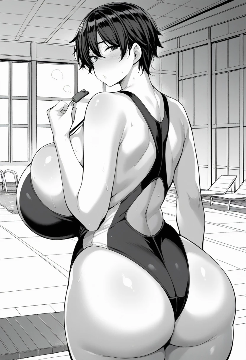 nanao yukiji style, greyscale, manga, milf, 1girl, solo, blushing, black hair, short hair, tomboy, huge breasts, bouncy breasts, big ass, racing swimsuit, holding whistle, indoors, school pool in background, back view