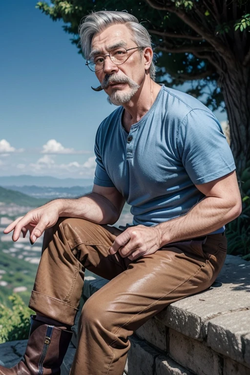Cartoon character of an elderly man without prescription glasses and a blue shirt, animation character, with a mustache and goatee, a gray cognac and a head with hair, wearing caramel pants and caramel boots, landscape background