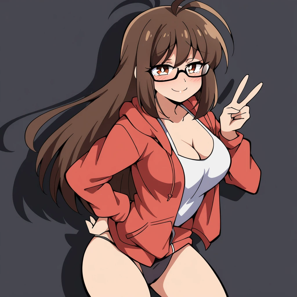 (mix1), anime art style, 2d, masterpiece, best quality, very aesthetic, absurdres, dynamic shadows, atmosferic, (1girl), (brown hair), antenna hair, long hair, brown eyes, eyeslashes, detailed eyes, glasses, ahoge, bangs, medium breasts, cleavage, collarbone, makeup, intense blush, red hoodie, white shirt, open clothes, black thong, sexy smile, standing, v, hands on own hip, (cowboy shot), from side, looking at viewer, simple background, ((white background))