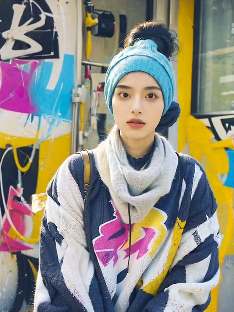 A striking work of conceptual art, expertly rendered with airbrushed colors and gold ink, featuring a charming futuristic hijab-wearing female character. This hyper-realistic painting combines Muslim-inspired elements with the imaginative style of Jamie Hewlett, Gorillaz and Ashley Wood. The central figure, decorated with bold colors and intricate details, stands against a dark backdrop, embodying individuality and strength amidst a world of conformity. This artwork combines elements of illustration, graffiti and conceptual art, creating a vibrant, photo-like 3D render with a cinematic feel, culminating in a stunning painting., photo, painting, conceptual art, 3d render, cinematic, vibrant, illustration, graffiti